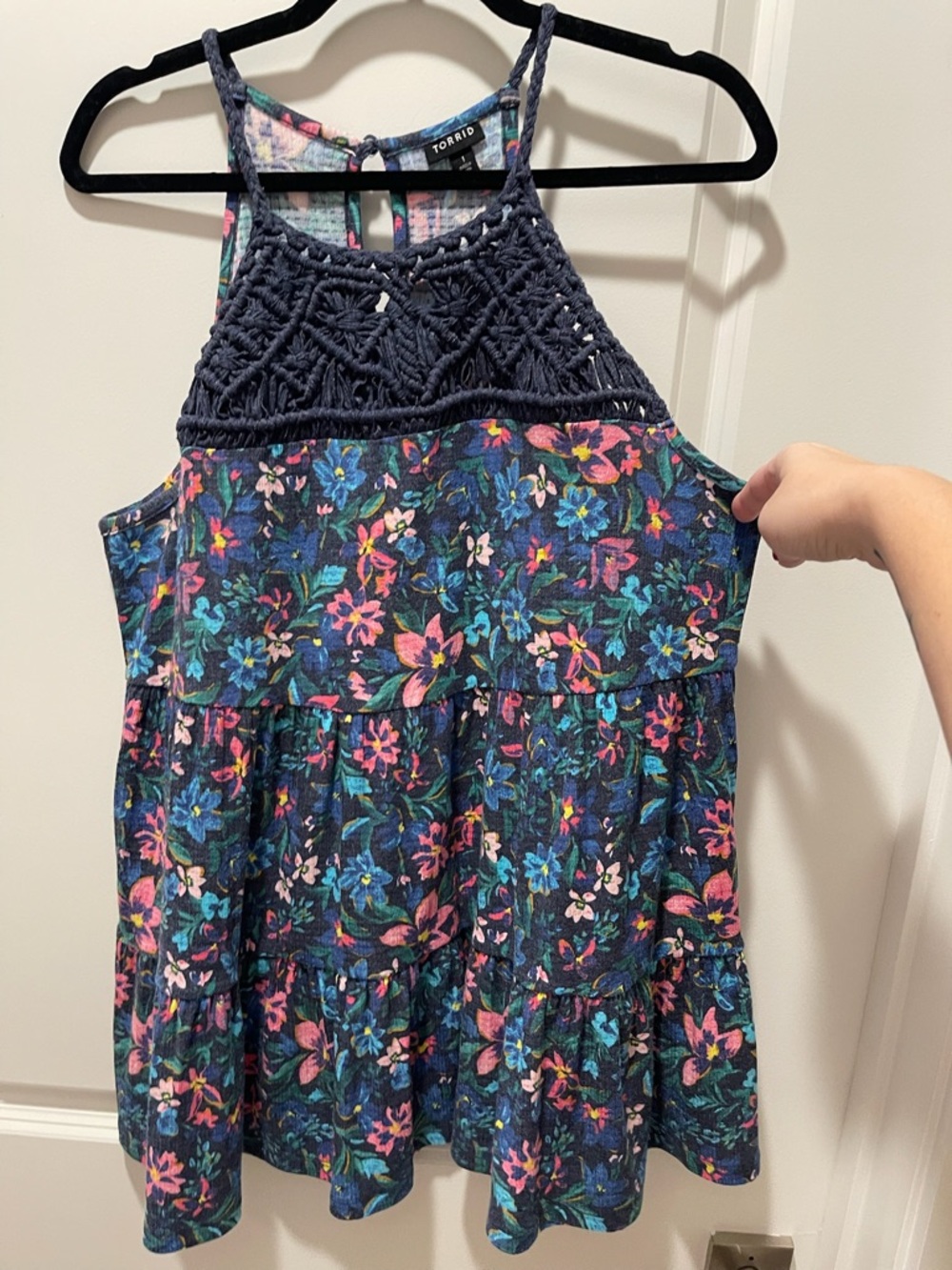 Torrid Navy Crochet Halter with Floral Trim (1)